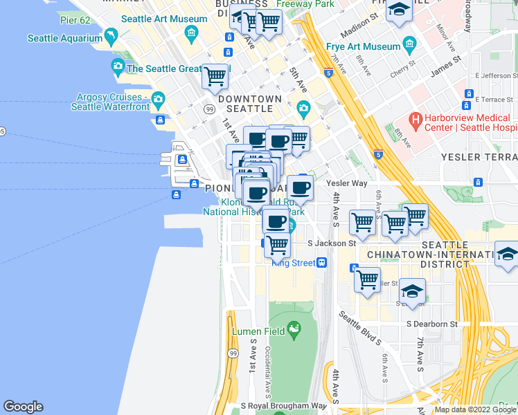 map of restaurants, bars, coffee shops, grocery stores, and more near 202 1st Ave S in Seattle