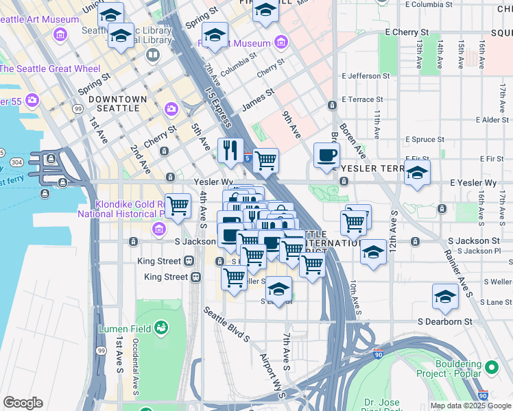 map of restaurants, bars, coffee shops, grocery stores, and more near 633 Yesler Way in Seattle
