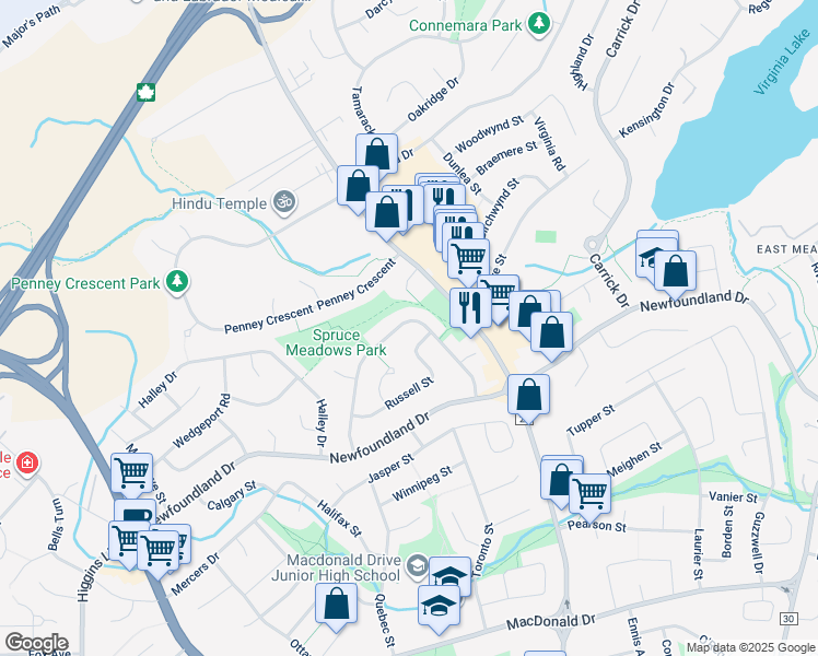 map of restaurants, bars, coffee shops, grocery stores, and more near 43 Stirling Crescent in St. John's