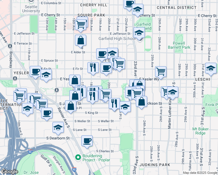 map of restaurants, bars, coffee shops, grocery stores, and more near South Washington Street in Seattle
