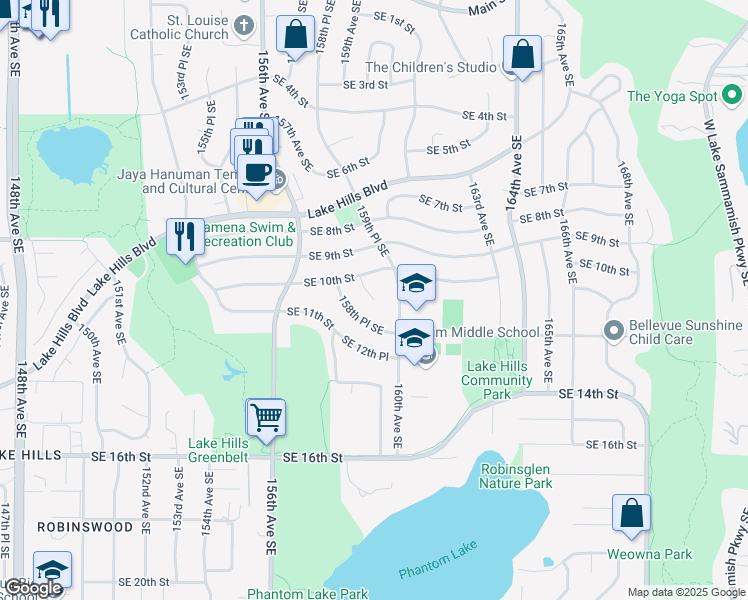 map of restaurants, bars, coffee shops, grocery stores, and more near 1035 159th Place Southeast in Bellevue