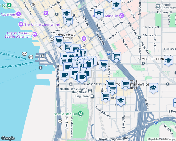 map of restaurants, bars, coffee shops, grocery stores, and more near 3rd Ave S & S Washington St in Seattle