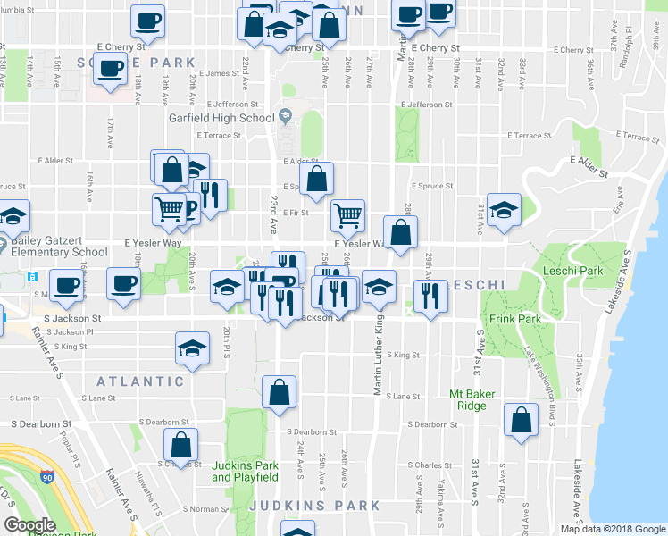 map of restaurants, bars, coffee shops, grocery stores, and more near 2506 S Washington St in Seattle