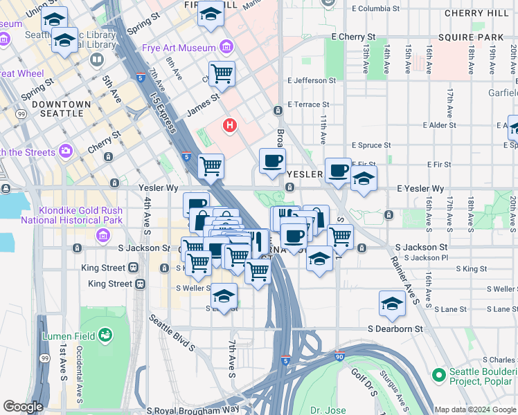 map of restaurants, bars, coffee shops, grocery stores, and more near 346 South Washington Street in Seattle