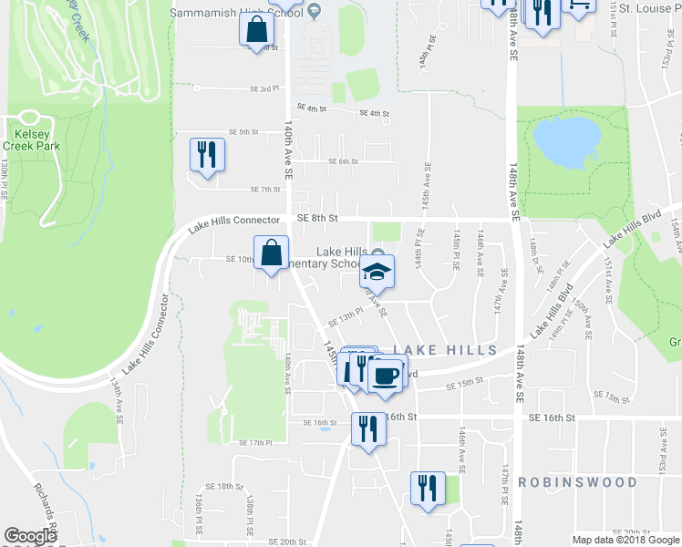 map of restaurants, bars, coffee shops, grocery stores, and more near 14200 SE 10th Pl in Bellevue