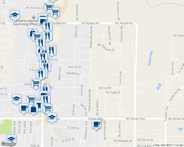 map of restaurants, bars, coffee shops, grocery stores, and more near 4004 Petersville Road Northeast in Bremerton