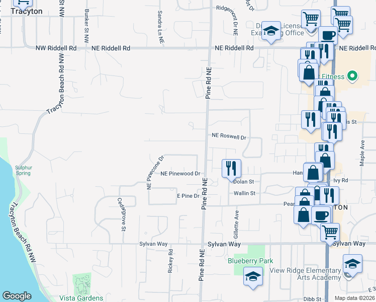 map of restaurants, bars, coffee shops, grocery stores, and more near 3876 Northeast Pinecone Drive in Bremerton