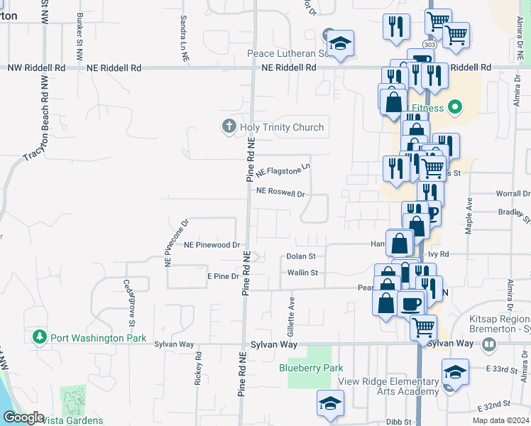 map of restaurants, bars, coffee shops, grocery stores, and more near 625 Shirehill Street in Bremerton