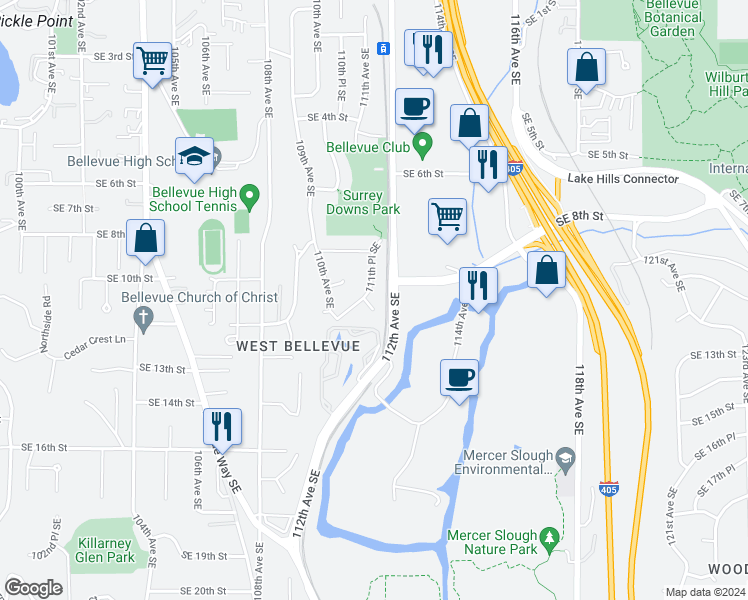map of restaurants, bars, coffee shops, grocery stores, and more near 1012 111th Place Southeast in Bellevue