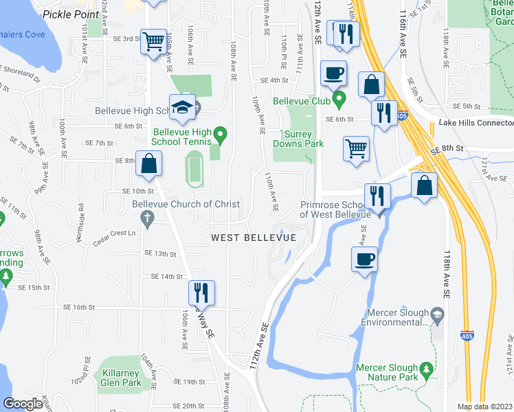 map of restaurants, bars, coffee shops, grocery stores, and more near 1020 109th Avenue Southeast in Bellevue