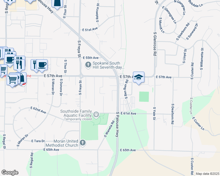 map of restaurants, bars, coffee shops, grocery stores, and more near 3802 East 58th Lane in Spokane