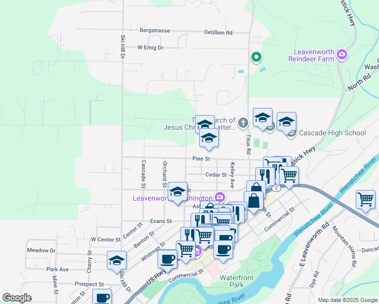 map of restaurants, bars, coffee shops, grocery stores, and more near 612 Central Avenue in Leavenworth