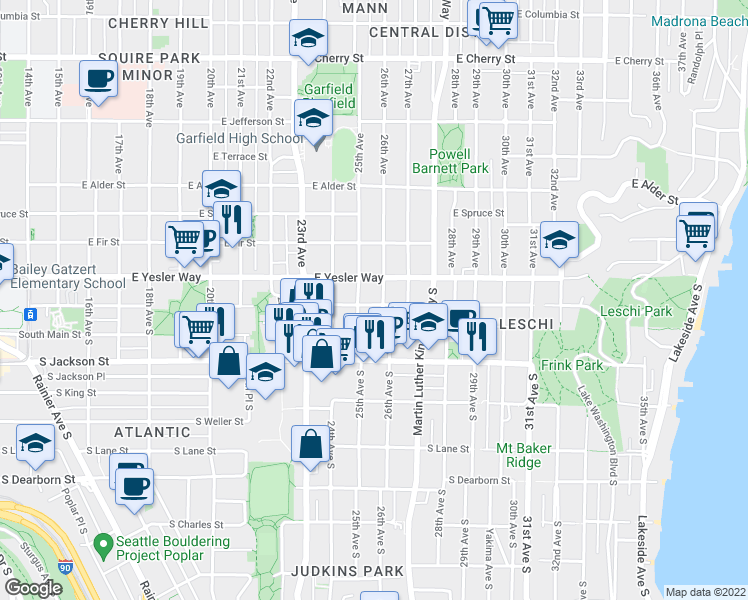 map of restaurants, bars, coffee shops, grocery stores, and more near 2506 South Washington Street in Seattle