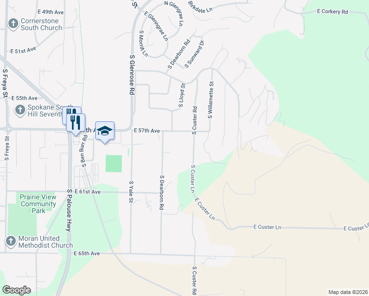 map of restaurants, bars, coffee shops, grocery stores, and more near 5804 S Custer Rd in Spokane