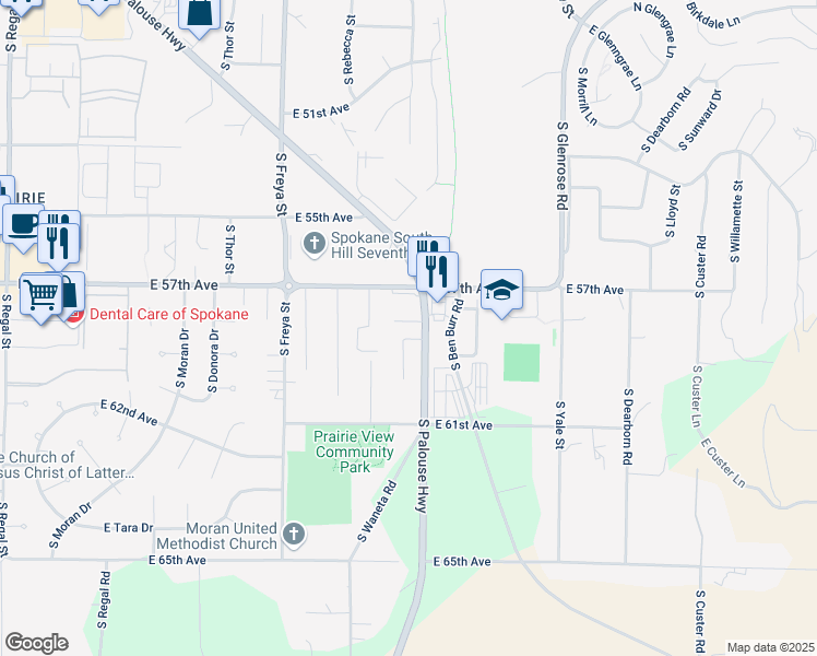map of restaurants, bars, coffee shops, grocery stores, and more near 3818 East 58th Lane in Spokane