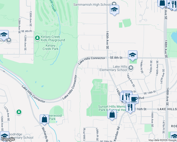 map of restaurants, bars, coffee shops, grocery stores, and more near 13643 Southeast 10th Street in Bellevue