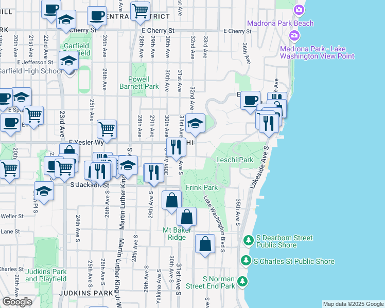 map of restaurants, bars, coffee shops, grocery stores, and more near 3108 South Washington Street in Seattle