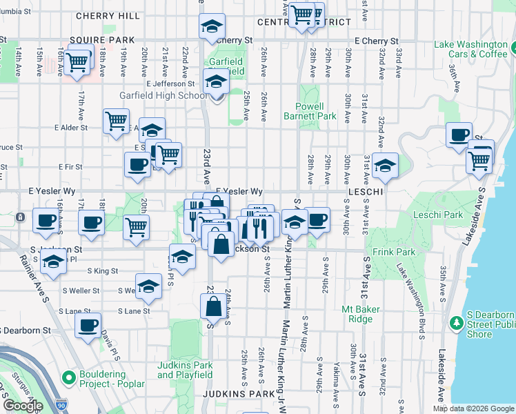 map of restaurants, bars, coffee shops, grocery stores, and more near 2506 South Washington Street in Seattle