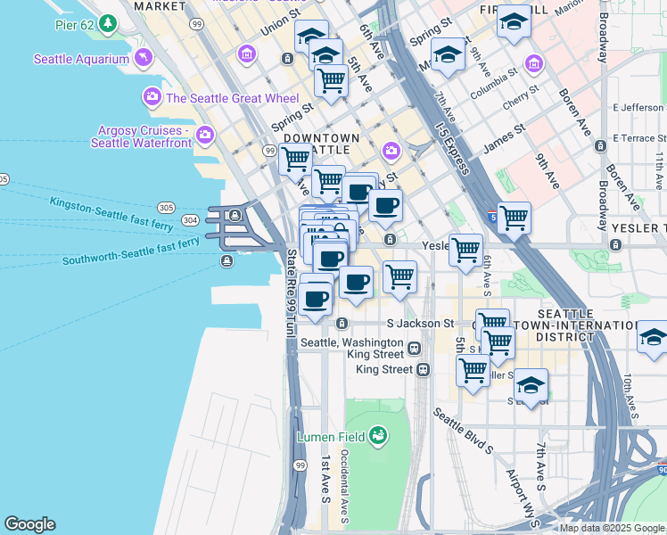 map of restaurants, bars, coffee shops, grocery stores, and more near 109 Occidental Avenue South in Seattle
