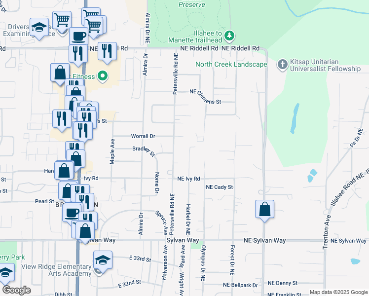 map of restaurants, bars, coffee shops, grocery stores, and more near 4004 Petersville Road Northeast in Bremerton