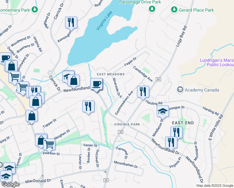 map of restaurants, bars, coffee shops, grocery stores, and more near 7 Riverside Drive East in Saint John's