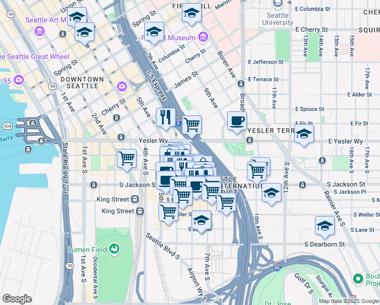 map of restaurants, bars, coffee shops, grocery stores, and more near 630 South Washington Street in Seattle