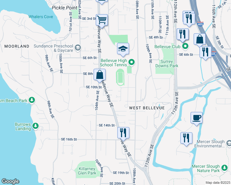 map of restaurants, bars, coffee shops, grocery stores, and more near 1015 106th Avenue Southeast in Bellevue