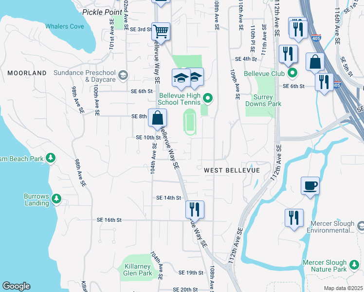 map of restaurants, bars, coffee shops, grocery stores, and more near 1015 106th Avenue Southeast in Bellevue