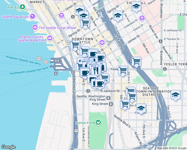 map of restaurants, bars, coffee shops, grocery stores, and more near 122 Occidental Avenue South in Seattle