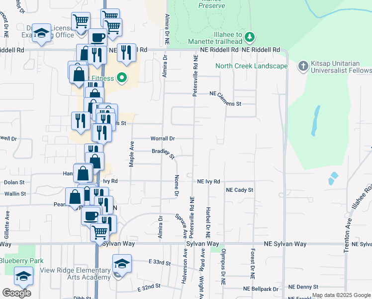 map of restaurants, bars, coffee shops, grocery stores, and more near 1516 Bradley Street in Bremerton