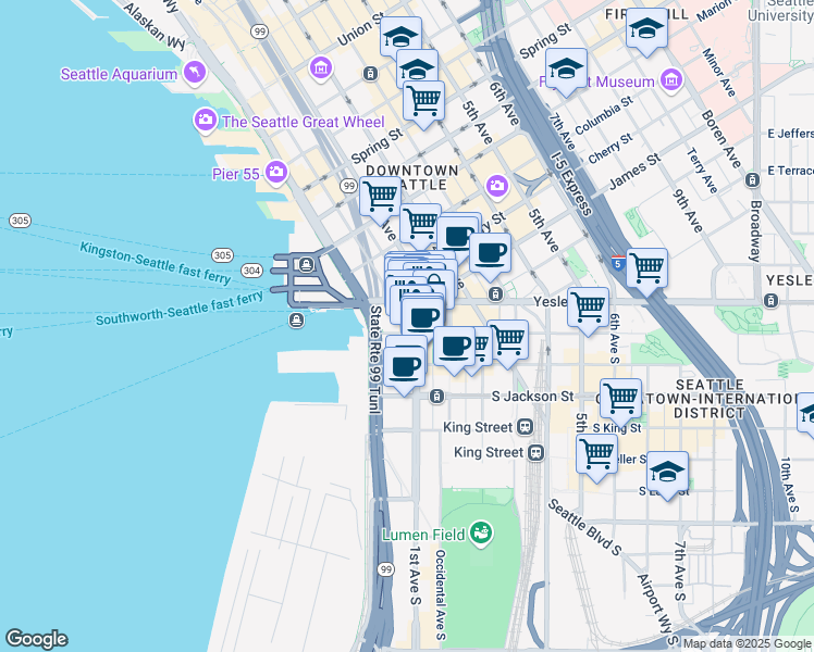 map of restaurants, bars, coffee shops, grocery stores, and more near 109 Occidental Avenue South in Seattle