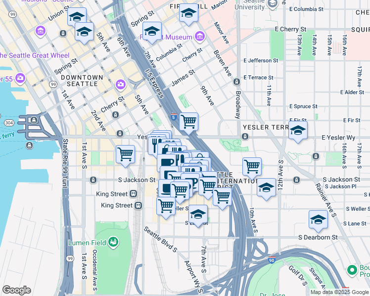 map of restaurants, bars, coffee shops, grocery stores, and more near 633 Yesler Way in Seattle