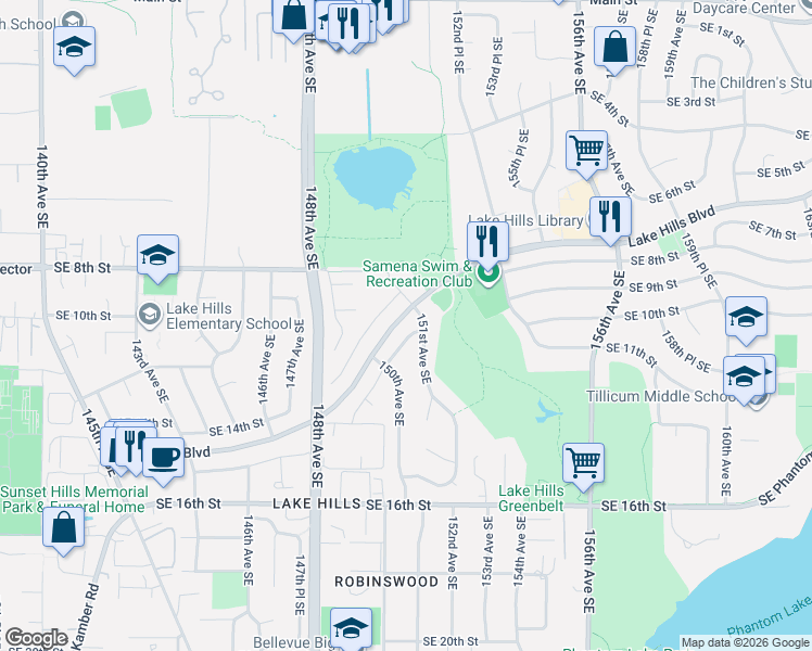map of restaurants, bars, coffee shops, grocery stores, and more near 1025 149th Place Southeast in Bellevue