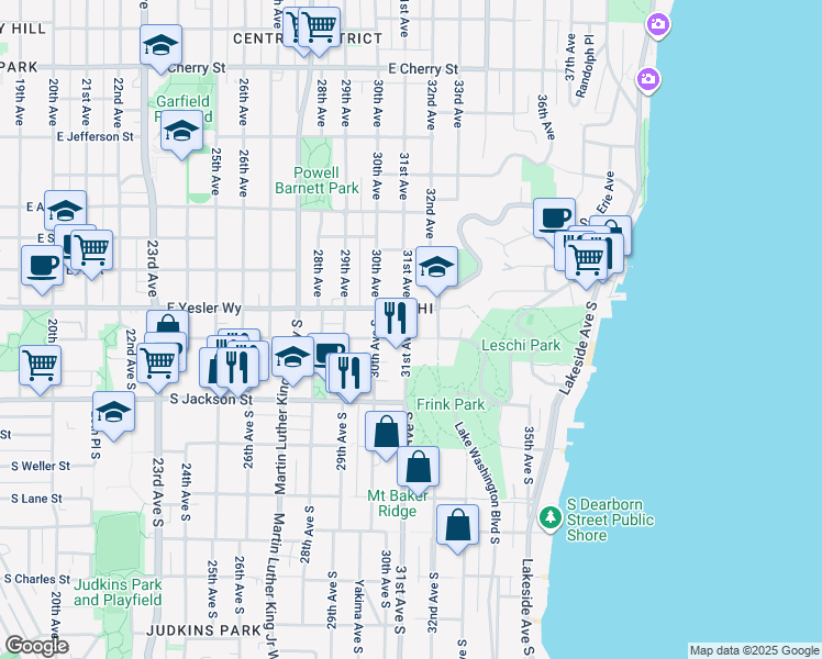 map of restaurants, bars, coffee shops, grocery stores, and more near 3108 South Washington Street in Seattle