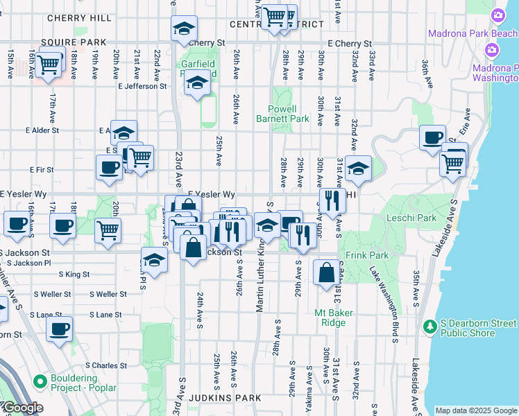 map of restaurants, bars, coffee shops, grocery stores, and more near 2605 East Yesler Way in Seattle