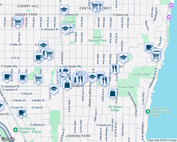 map of restaurants, bars, coffee shops, grocery stores, and more near 2605 East Yesler Way in Seattle