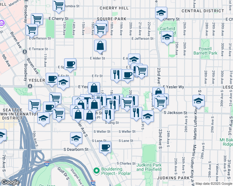 map of restaurants, bars, coffee shops, grocery stores, and more near 180 18th Avenue South in Seattle