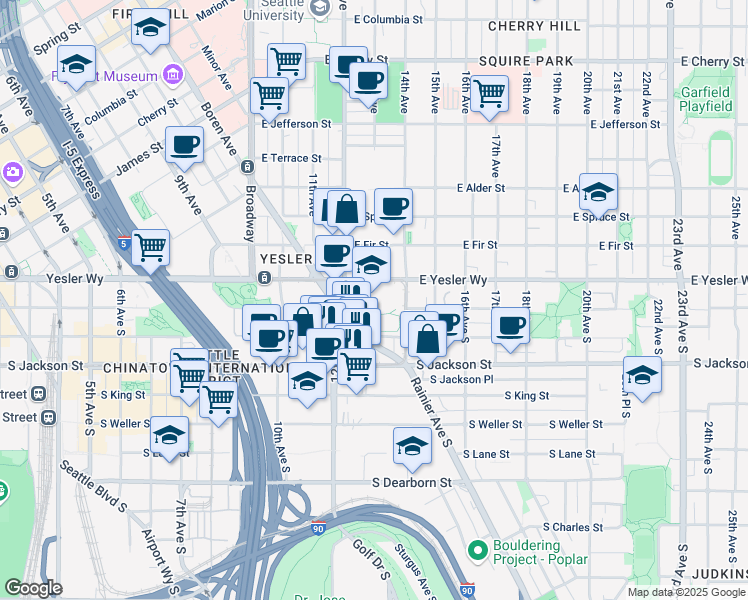 map of restaurants, bars, coffee shops, grocery stores, and more near in Seattle