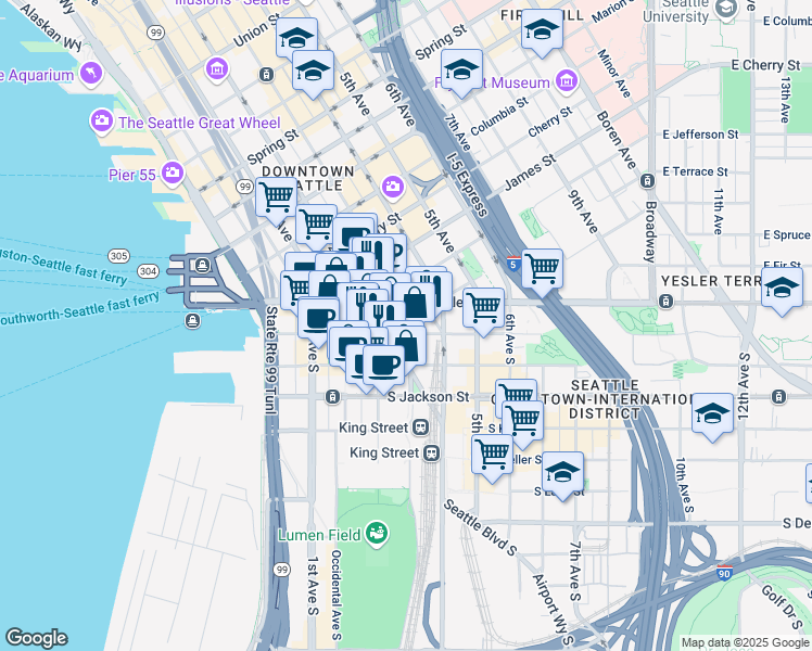 map of restaurants, bars, coffee shops, grocery stores, and more near 208 South Washington Street in Seattle