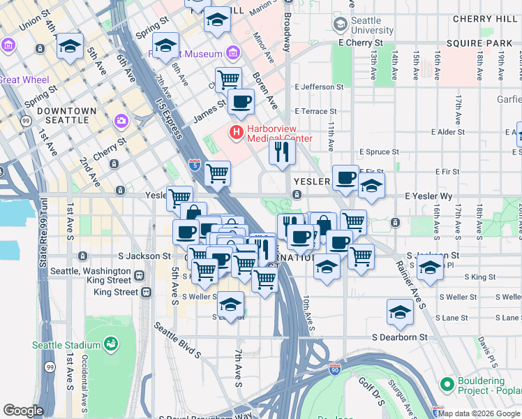 map of restaurants, bars, coffee shops, grocery stores, and more near 809 South Washington Street in Seattle