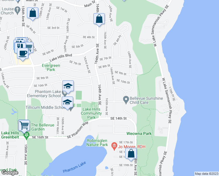 map of restaurants, bars, coffee shops, grocery stores, and more near 952 165th Avenue Southeast in Bellevue