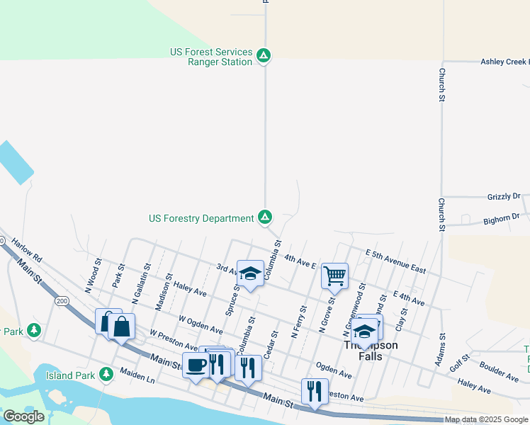 map of restaurants, bars, coffee shops, grocery stores, and more near 507 Webber Gulch Road in Thompson Falls