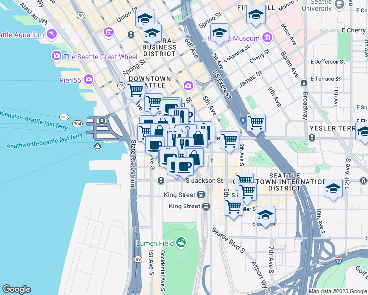 map of restaurants, bars, coffee shops, grocery stores, and more near in Seattle