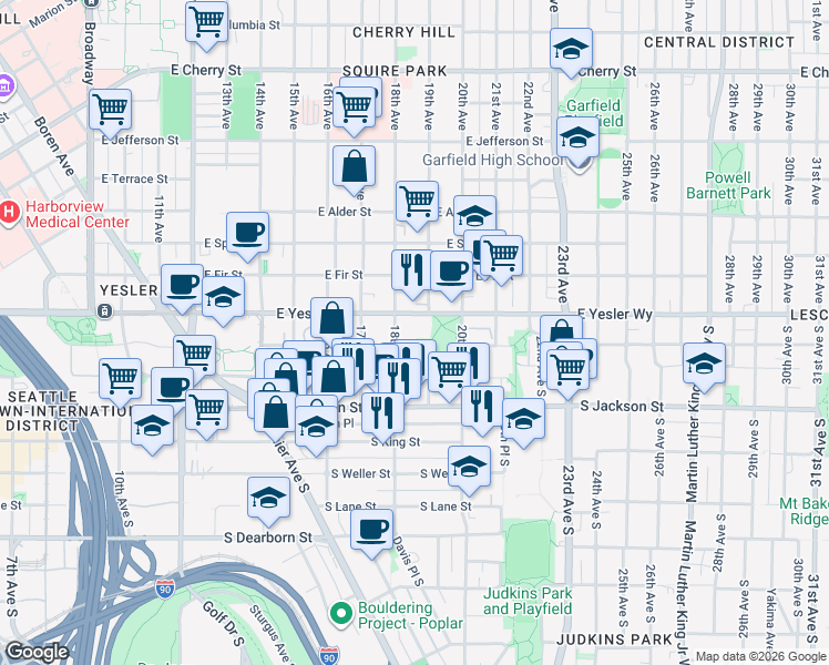 map of restaurants, bars, coffee shops, grocery stores, and more near 1801 East Yesler Way in Seattle