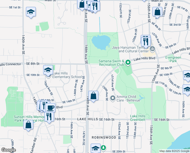 map of restaurants, bars, coffee shops, grocery stores, and more near 14835 Southeast 10th Place in Bellevue