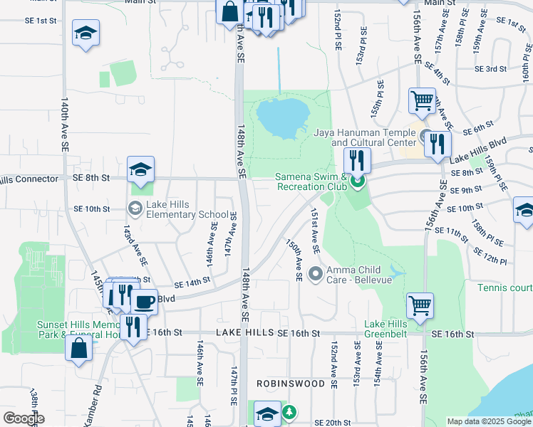 map of restaurants, bars, coffee shops, grocery stores, and more near 14835 Southeast 10th Place in Bellevue