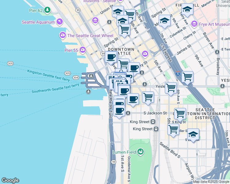 map of restaurants, bars, coffee shops, grocery stores, and more near 79 Yesler Way in Seattle