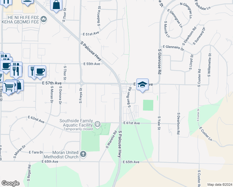 map of restaurants, bars, coffee shops, grocery stores, and more near 3818 East 58th Lane in Spokane
