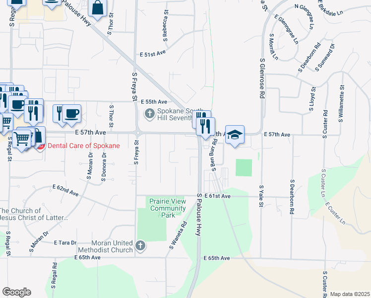 map of restaurants, bars, coffee shops, grocery stores, and more near 3708 East 57th Avenue in Spokane
