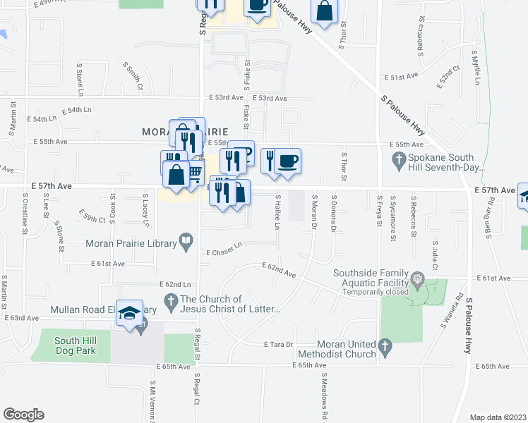 map of restaurants, bars, coffee shops, grocery stores, and more near 5710 South Hailee Lane in Spokane